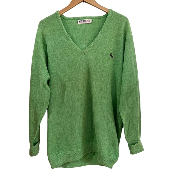 Vintage Izod V-Neck Sweater 70s Green Alligator Logo Preppy Old Money L - Picture 6 of 10